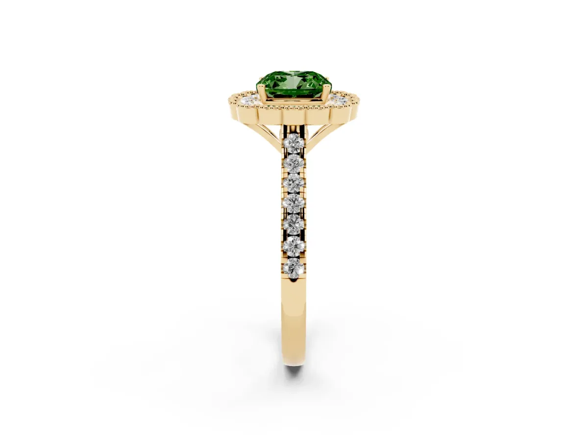 Fancy Green Cushion Cut Cut Diamond Milgrain Floral Halo Engagement Ring with Pavé Band Yellow gold