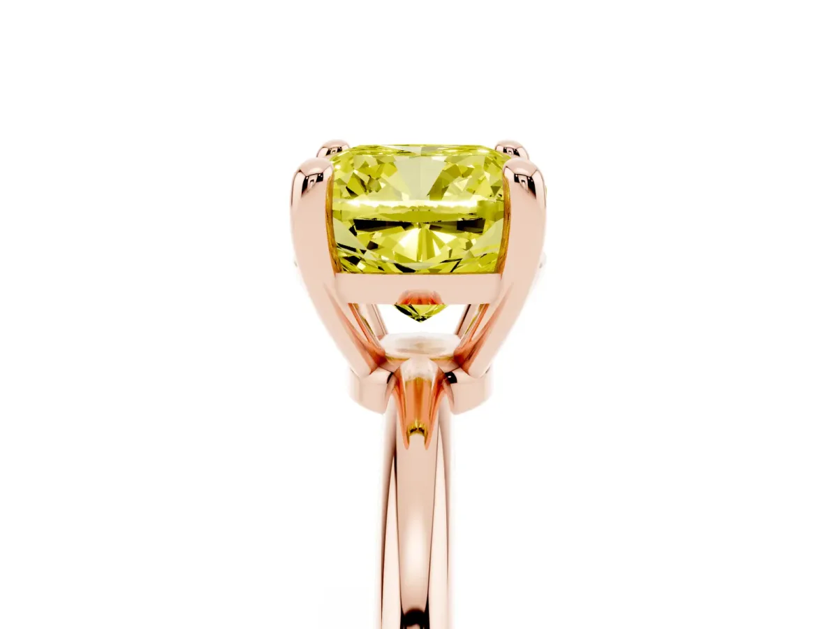 Fancy Yellow Cushion Cut Solitaire Diamond Ring with 4-Prong Setting on a Classic Band Rose gold