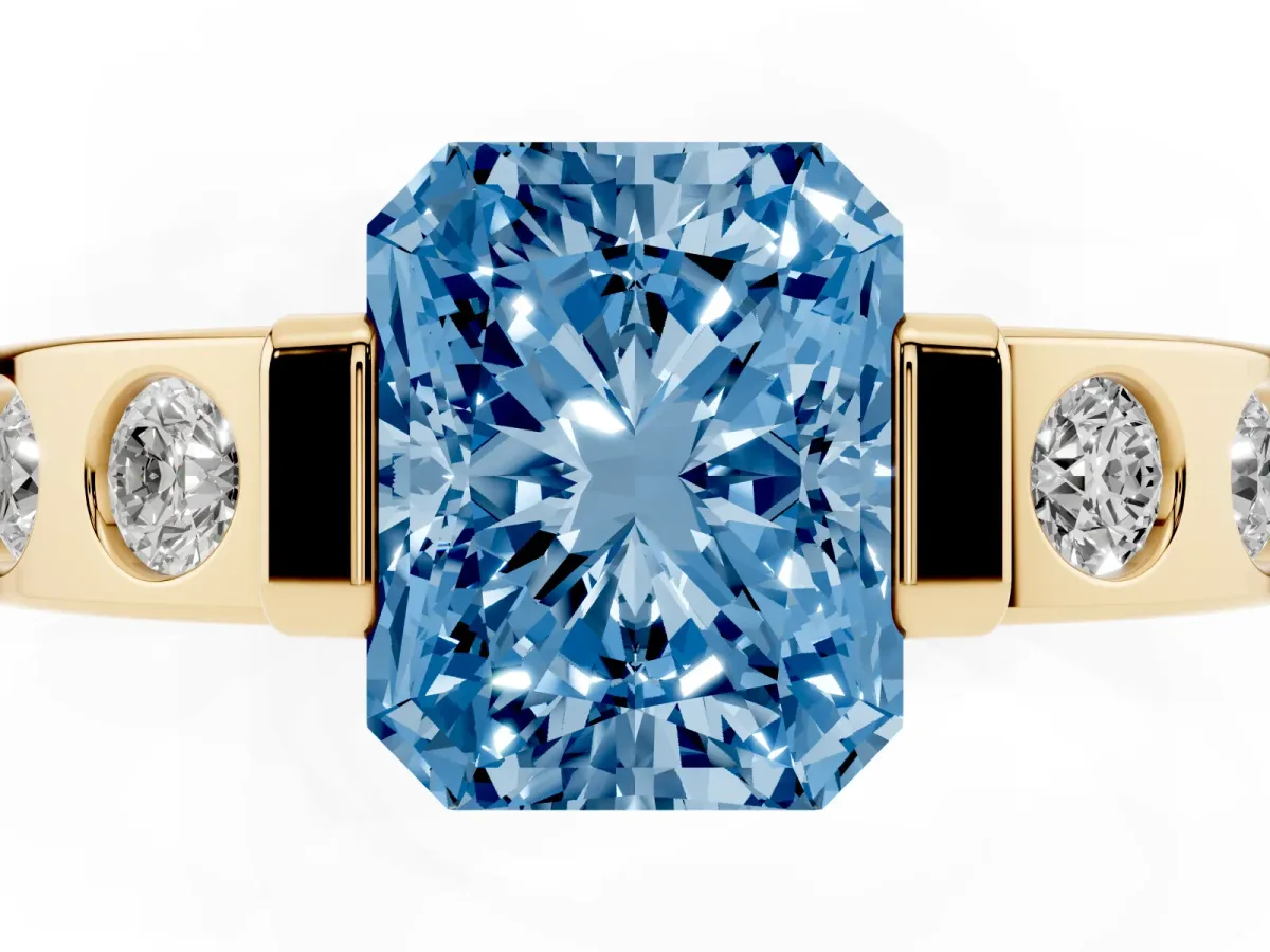 Fancy Blue Radiant Cut Brilliant Channel-Set Diamond Ring with Bezel Prong Setting Yellow gold