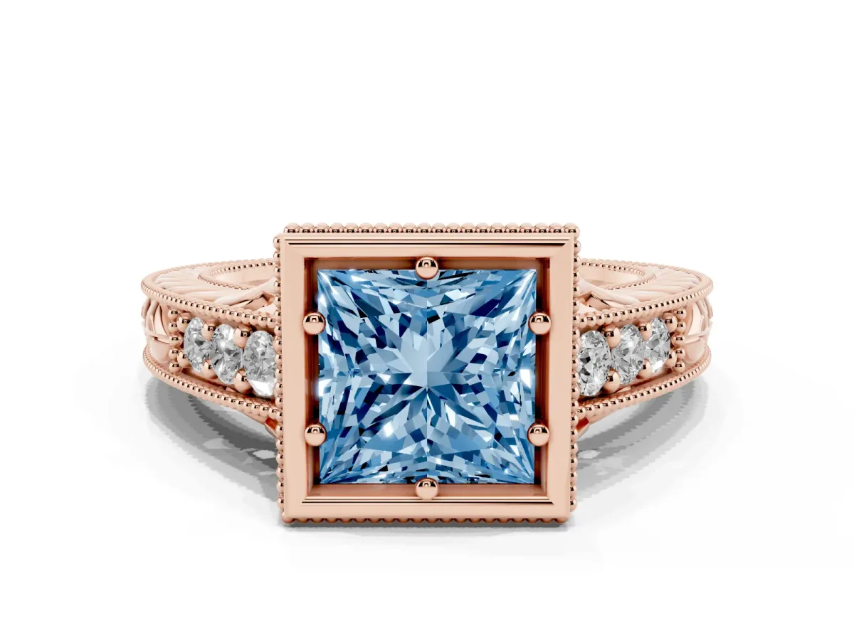 Fancy Blue Bezel Set Princess Cut Diamond Milgrain Pave Engagement Ring Rose gold