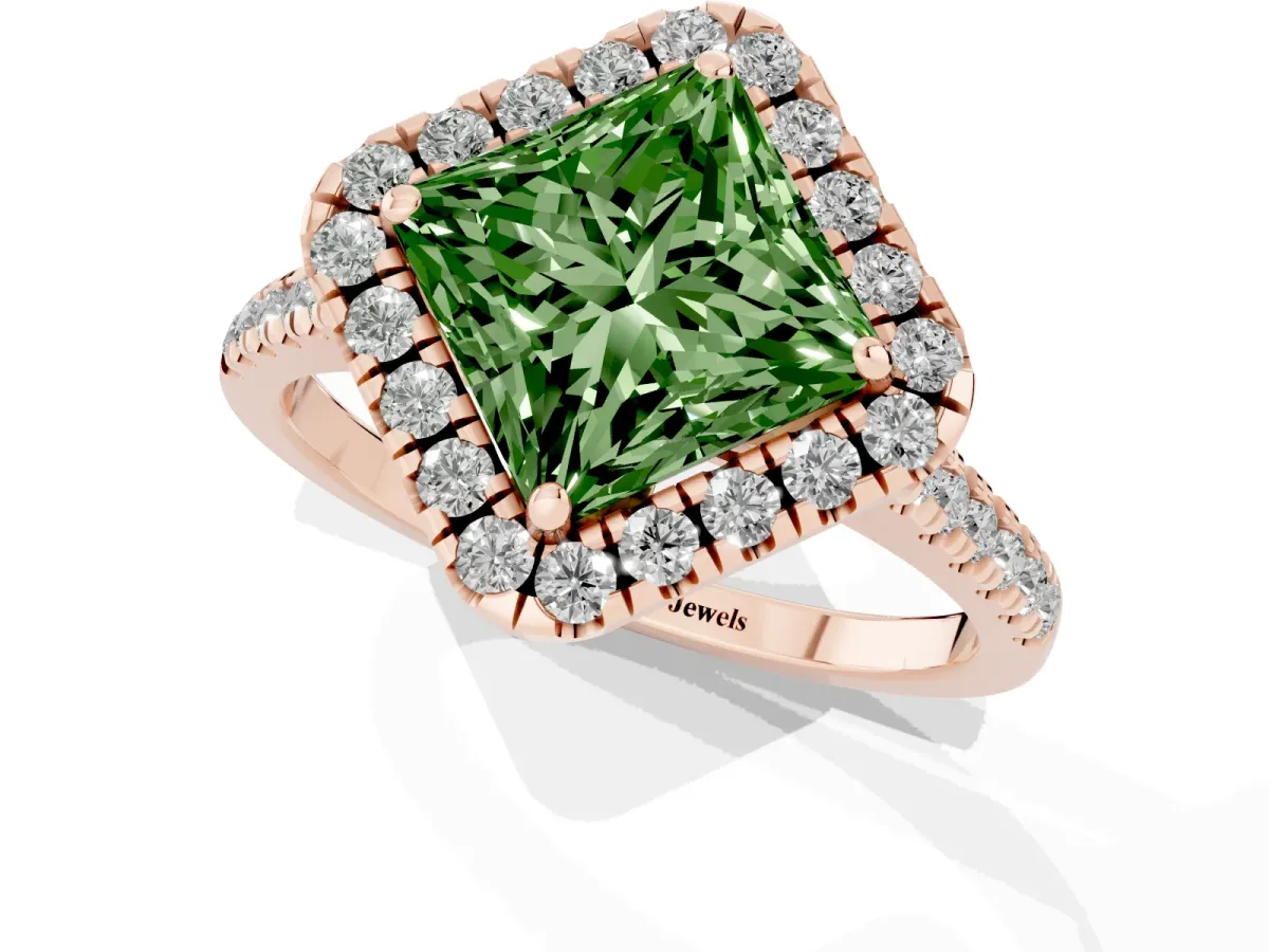 Fancy Green Princess Cut Diamond Cushion Halo Ring with Pavé Band Rose gold