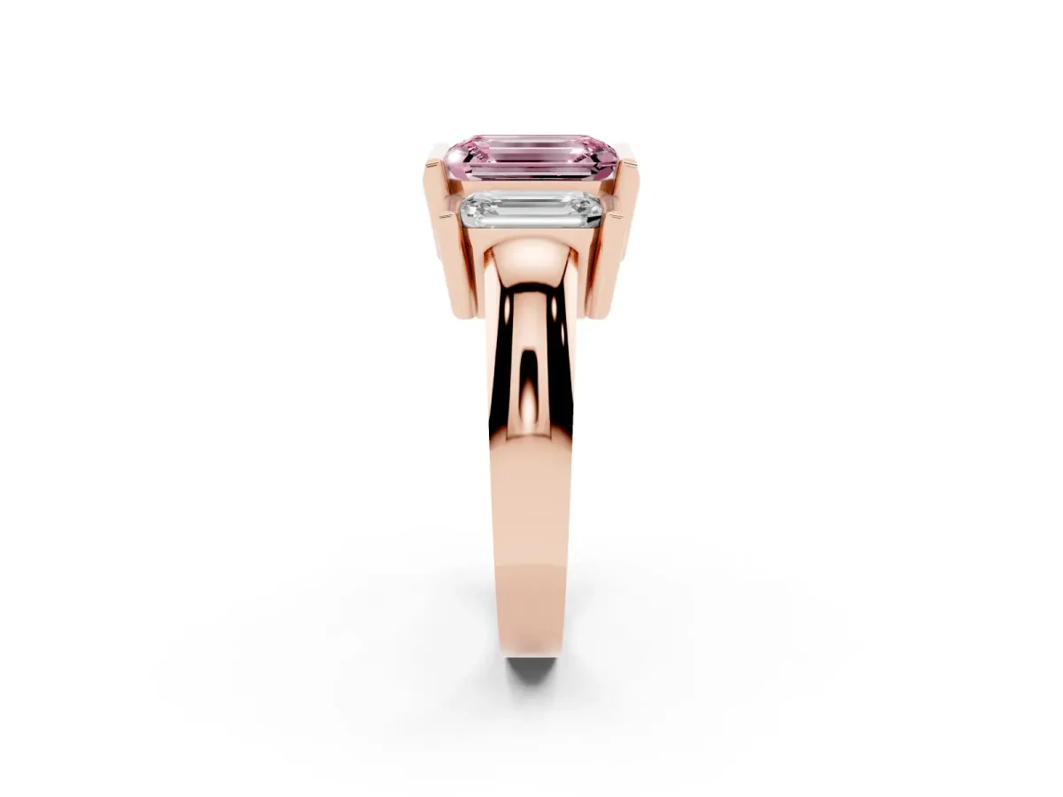 Fancy Pink Three Stone Emerald Cut Cut Channel Set Diamond Ring Rose gold