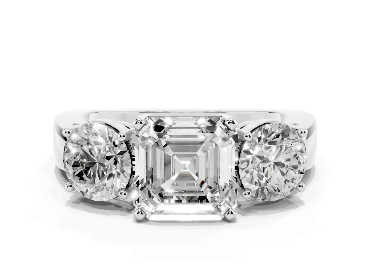 Three-Stone Asscher Cut Diamond Ring with Round Side Stones, Classic Band, and Four-Prong Setting Silver
