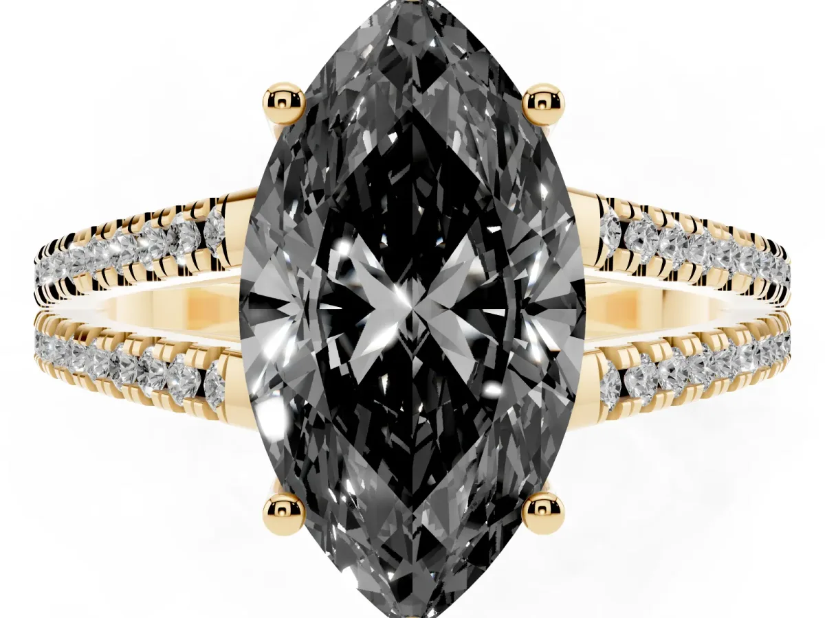 Fancy Black Marquise Cut Diamond Solitaire Engagement Ring with Split Shank Pavé Band Yellow gold