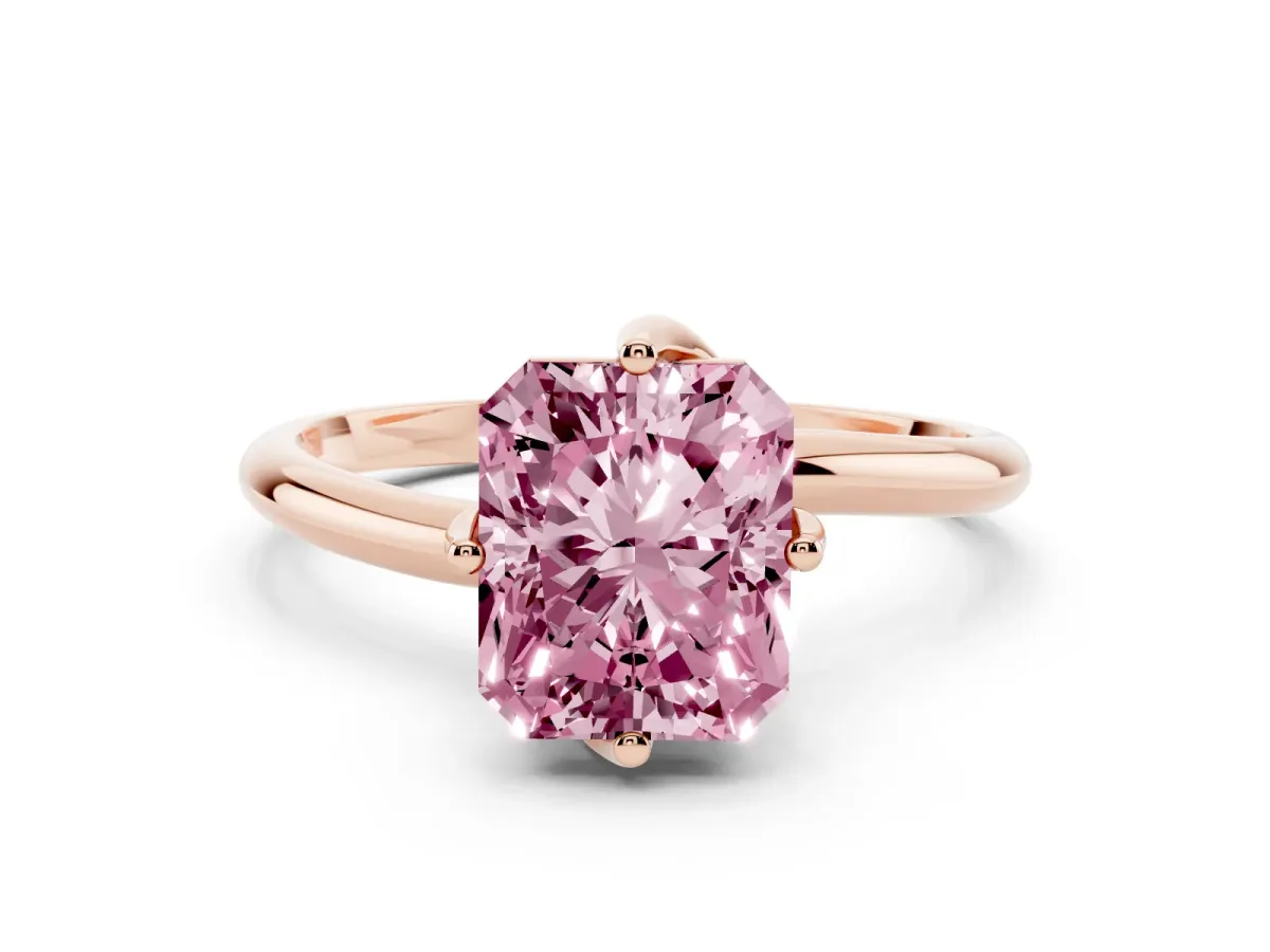 Fancy Pink Radiant Cut Diamond Solitaire Engagement Ring with Four-Prong Setting and Classic Band Rose gold