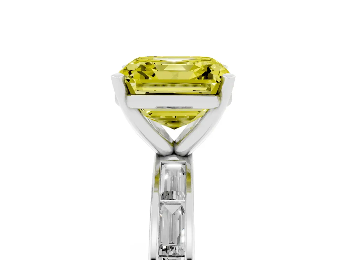 Fancy Yellow Asscher Cut Solitaire Diamond Ring with Channel-Set Baguette Band and Four-Prong Setting Silver