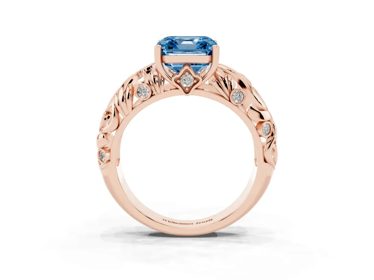 Fancy Blue Asscher Cut Solitaire Diamond Leaf-Inspired Vine Band Ring with Prong Setting Rose gold
