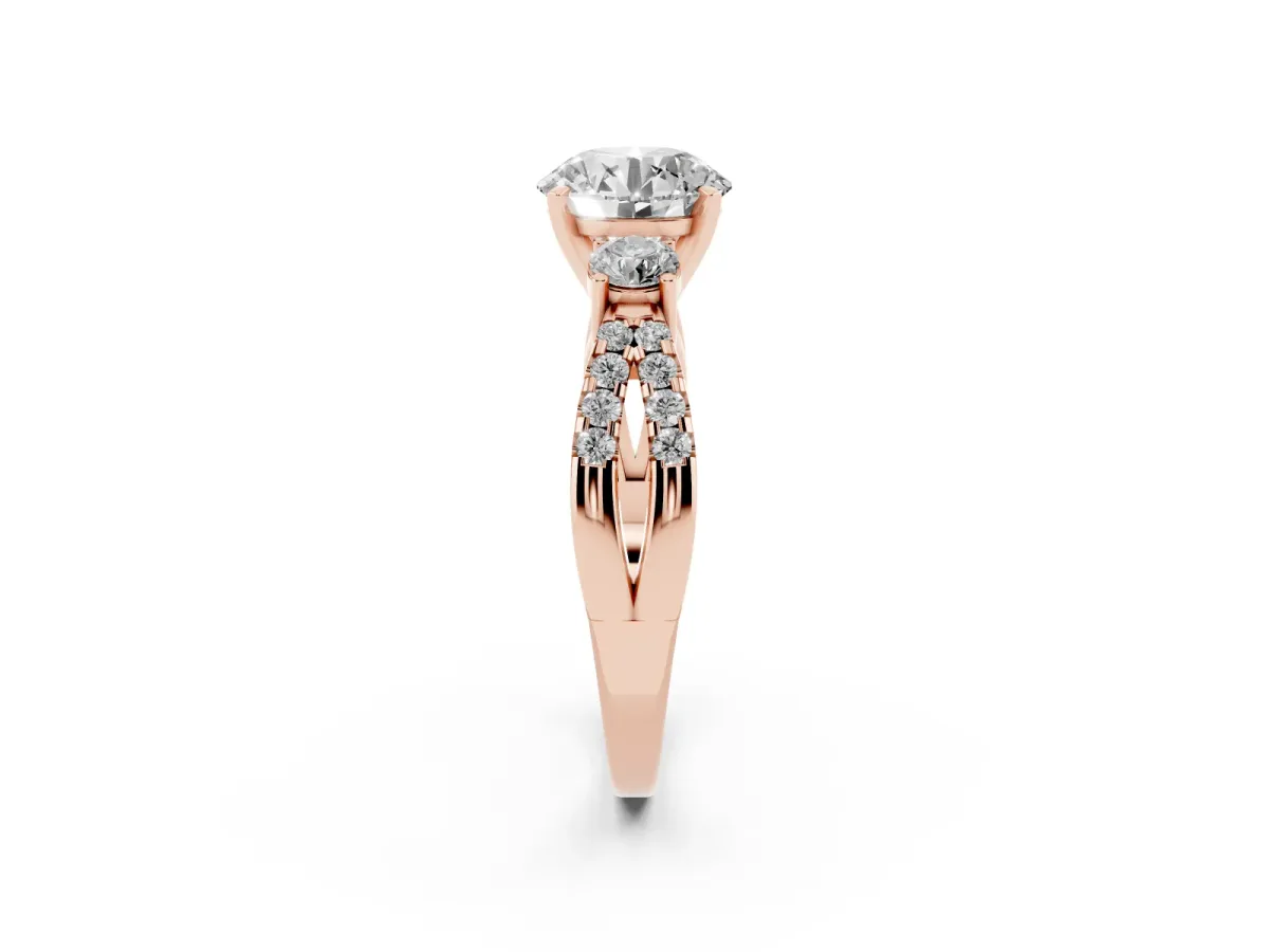 Round Cut Diamond Three-Stone Ring with Pavé Split Shank and Four-Prong Setting Rose gold