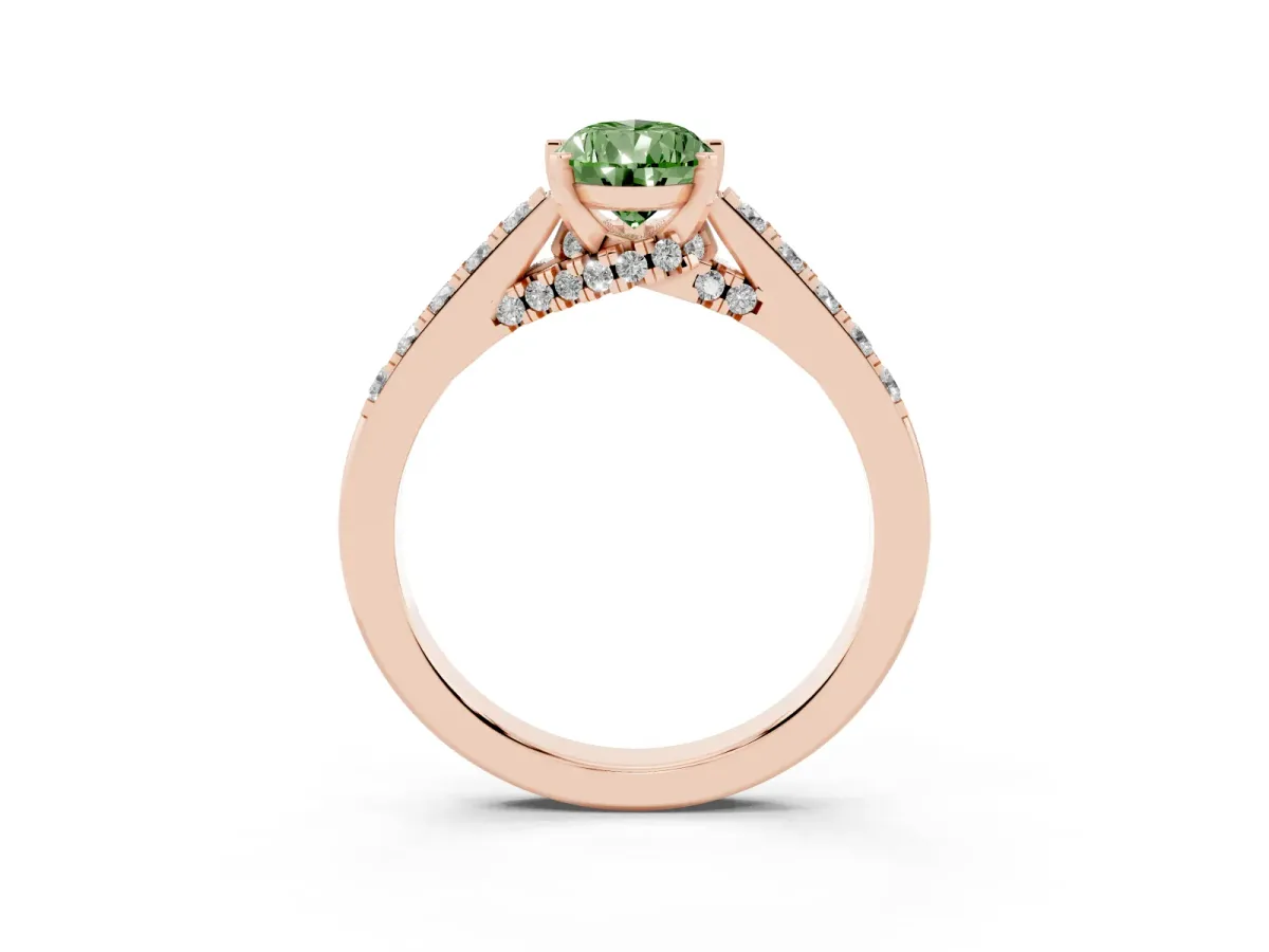 Fancy Green Pear Cut Diamond Solitaire Ring with Crossover Gallery and Round Pavé Band Rose gold