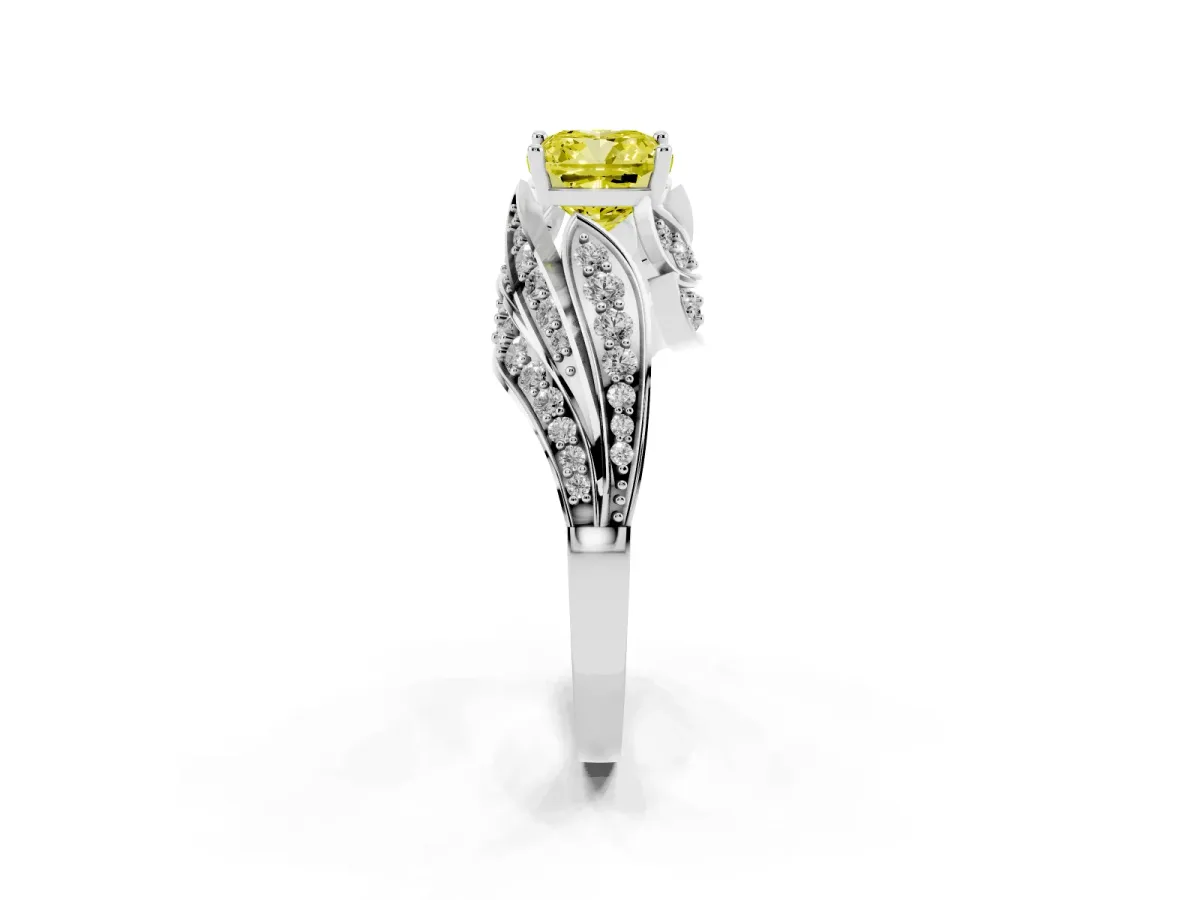 Fancy Yellow Cushion Cut Diamond Solitaire Ring with Prong Setting and Twisted Pavé Band Silver