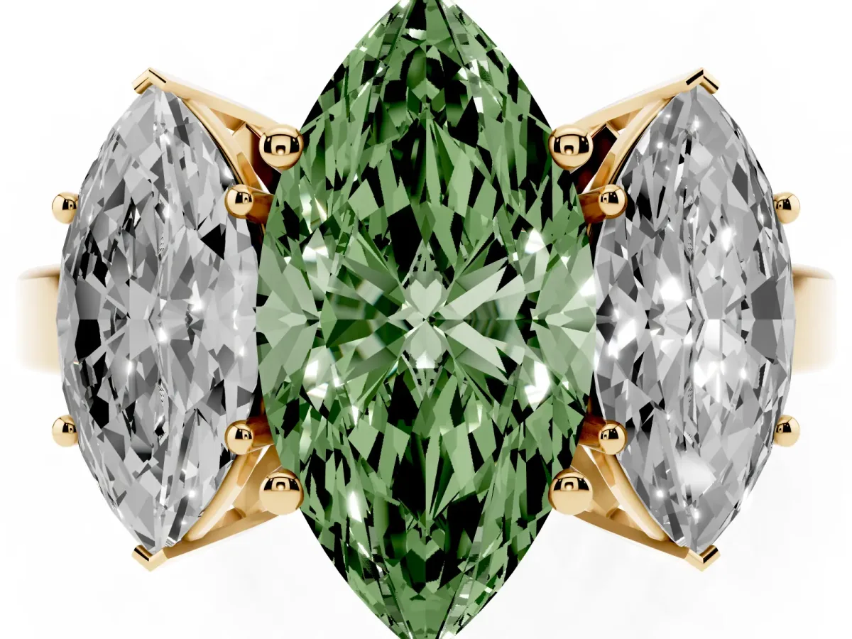 Fancy Green Three-Stone Marquise Cut Cut Diamond Engagement Ring with Flat Band and Four-Prong Setting Yellow gold