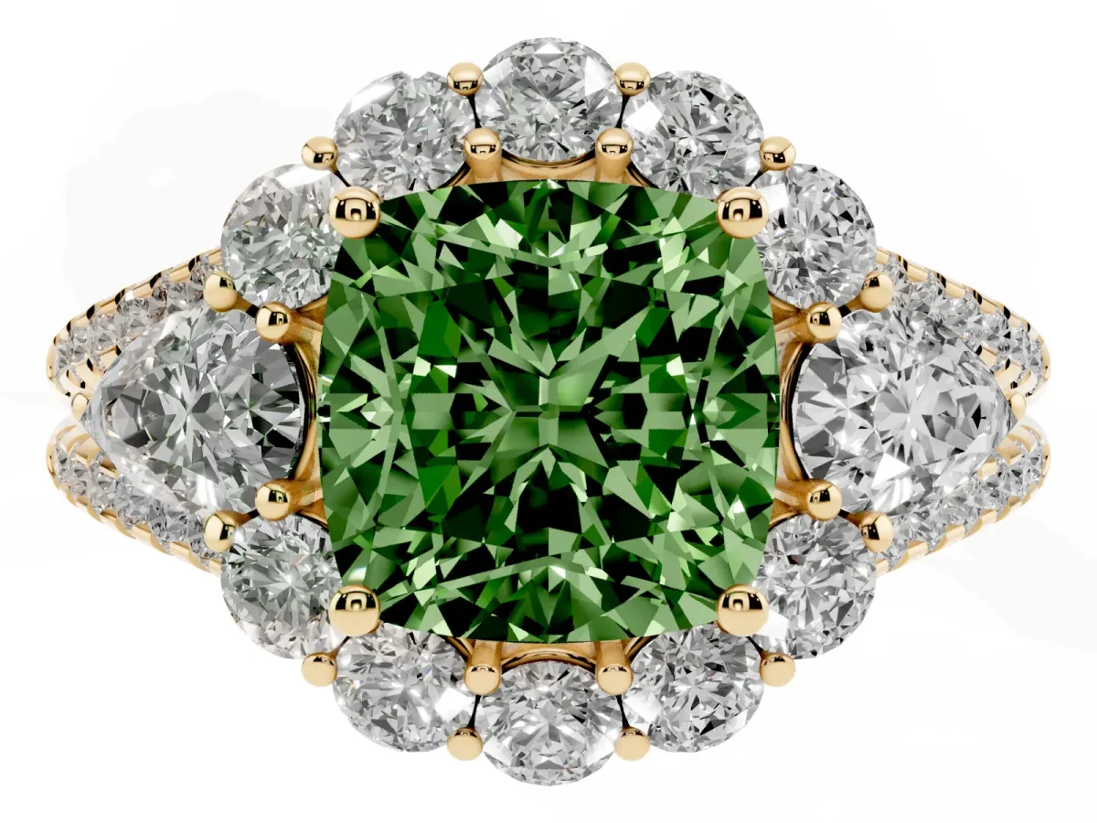 Fancy Green Cushion Cut Halo Split Shank Diamond Engagement Ring with Prong Setting Yellow gold