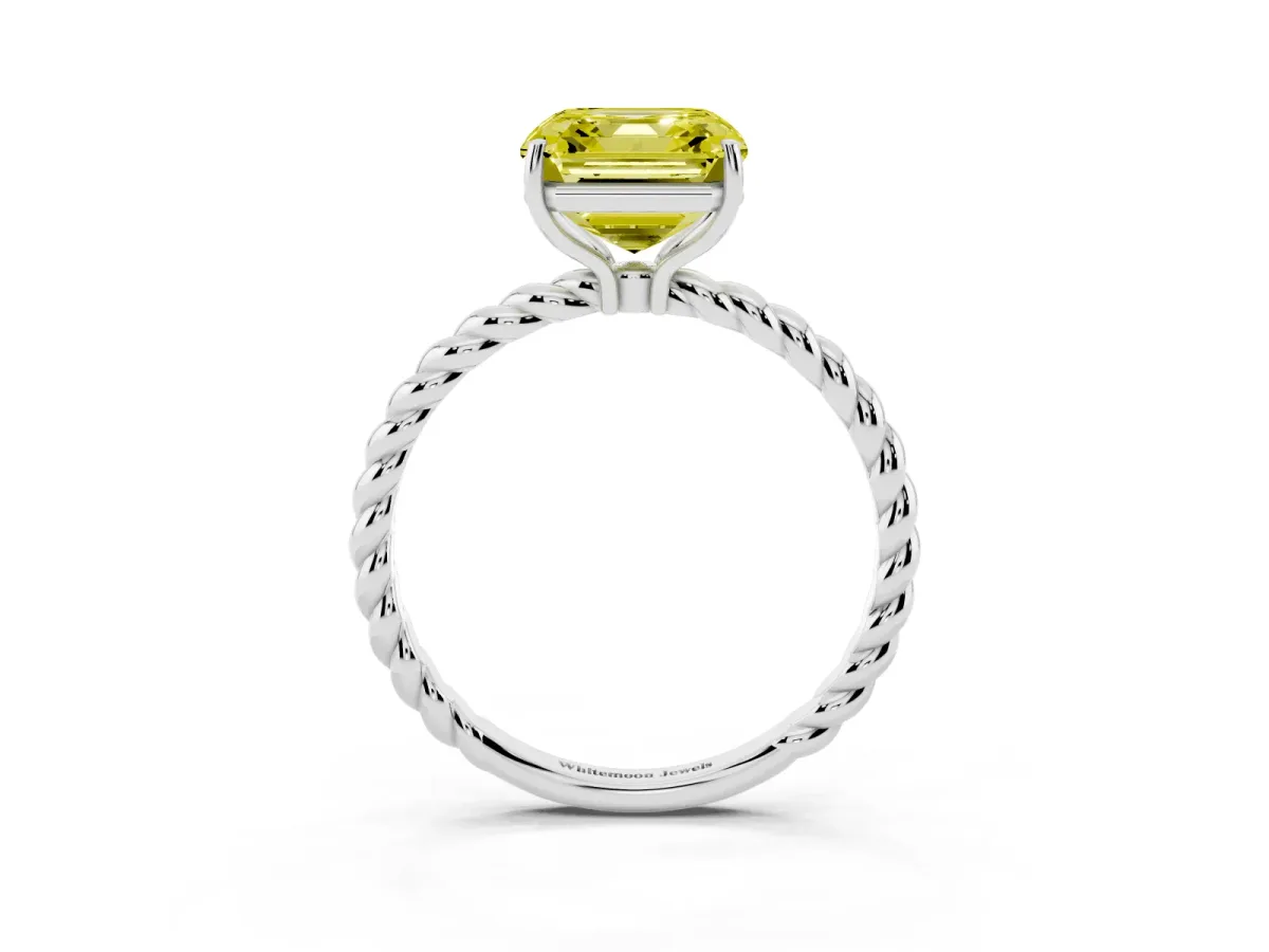Fancy Yellow Asscher Cut Solitaire Twist Band Ring with Four-Prong Setting White gold