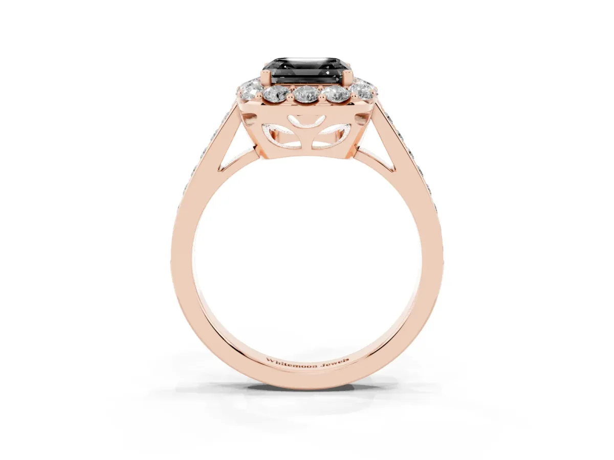Fancy Black Asscher Cut Diamond Floral Halo Ring with Pavé Band and Prong Setting Rose gold