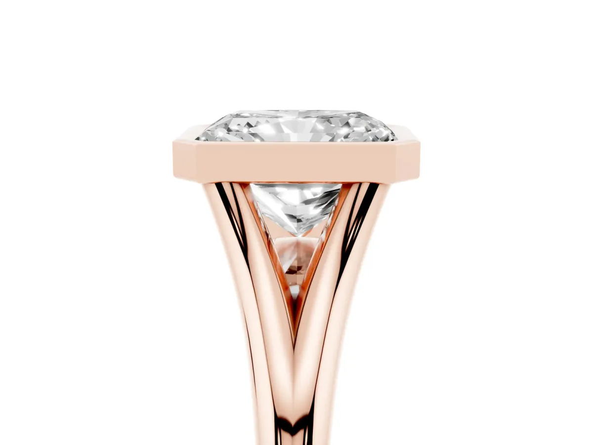 Bezel Set Radiant Cut Cut Solitaire Ring with Tapered Band Rose gold