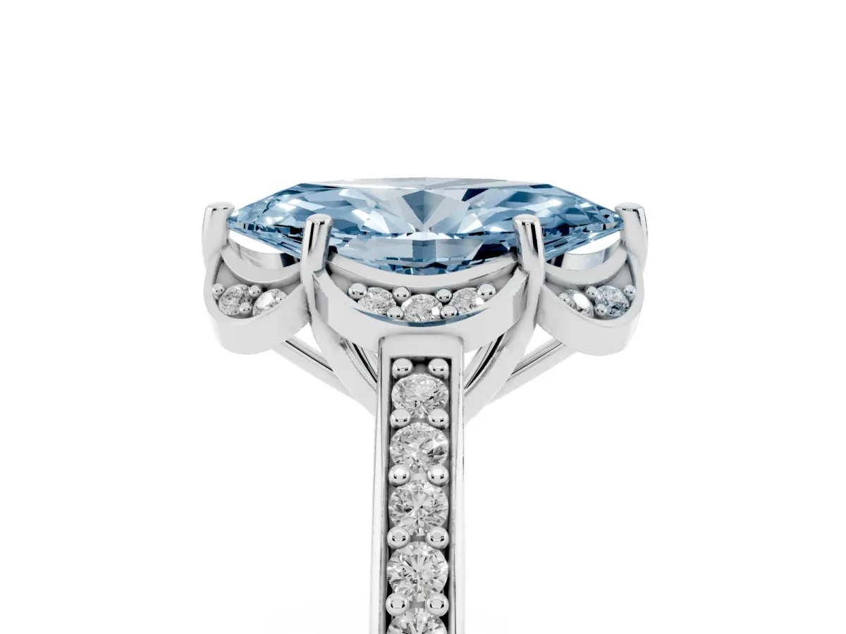 Fancy Blue Marquise Cut Cut Halo Diamond Ring with Channel Set Band and Four-Prong Setting White gold