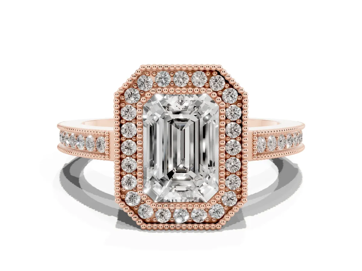 Emerald Cut Cut Halo Diamond Ring with Pavé Band and Milgrain Prong Setting Rose gold