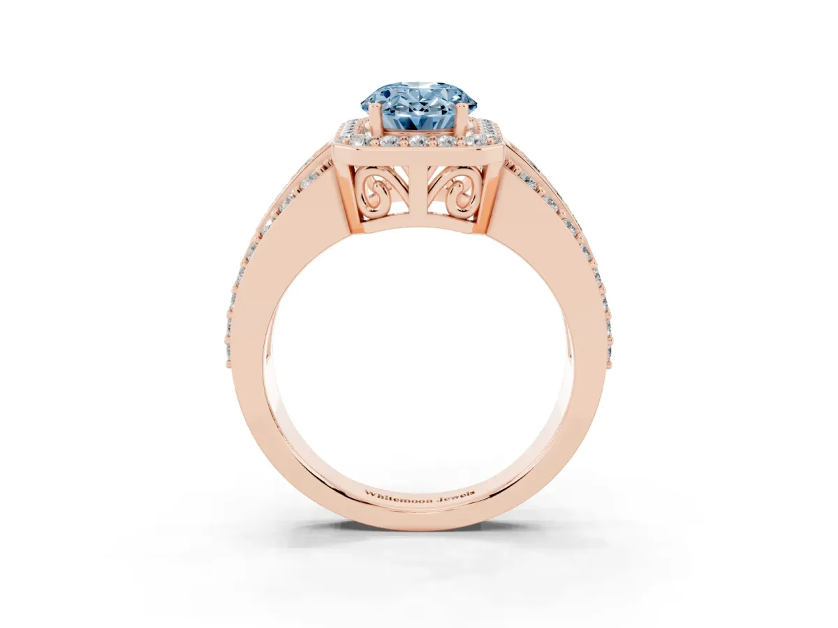 Fancy Blue Oval Cut Halo Diamond Ring with Round Split Shank and Prong Setting Rose gold