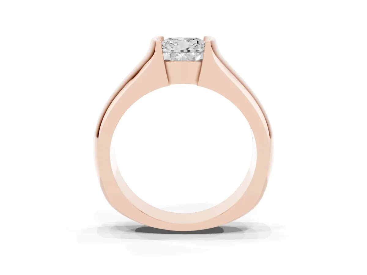 Cushion Cut Solitaire Bezel Set Diamond Ring with Wide Band Rose gold