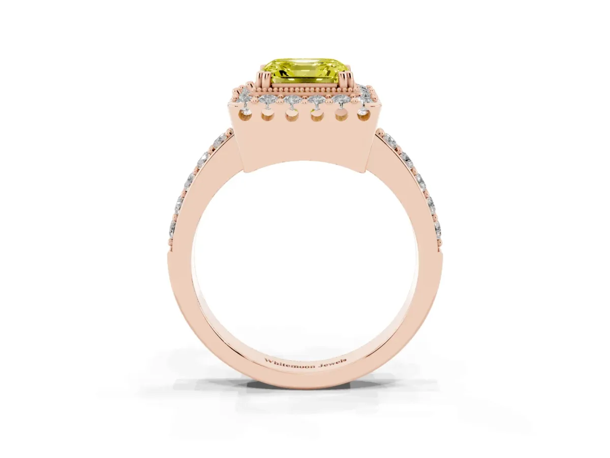 Fancy Yellow Asscher Cut Diamond Halo Ring with Pavé Band and Prong Setting Rose gold