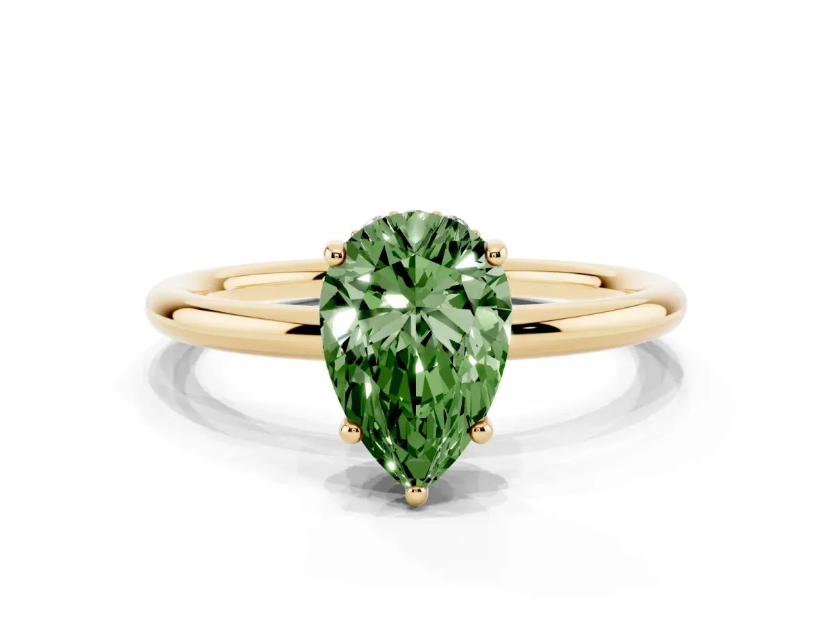 Fancy Green Pear Cut Solitaire Diamond Ring with a Classic Band and Four-Prong Setting Yellow gold
