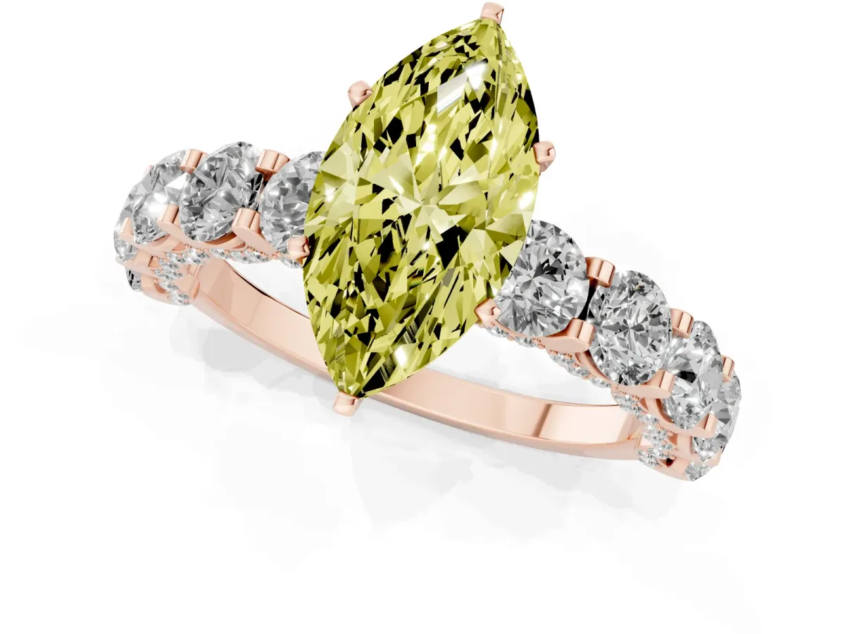 Fancy Yellow Marquise Cut Diamond Side Stone Engagement Ring with Four-Prong Setting Rose gold