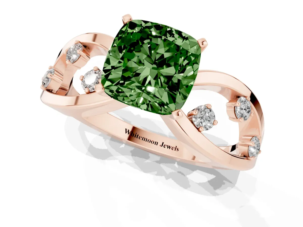 Fancy Green Cushion Cut Cut Solitaire Diamond with Side Stones on Criss-Cross Band and Four-Prong Setting Rose gold