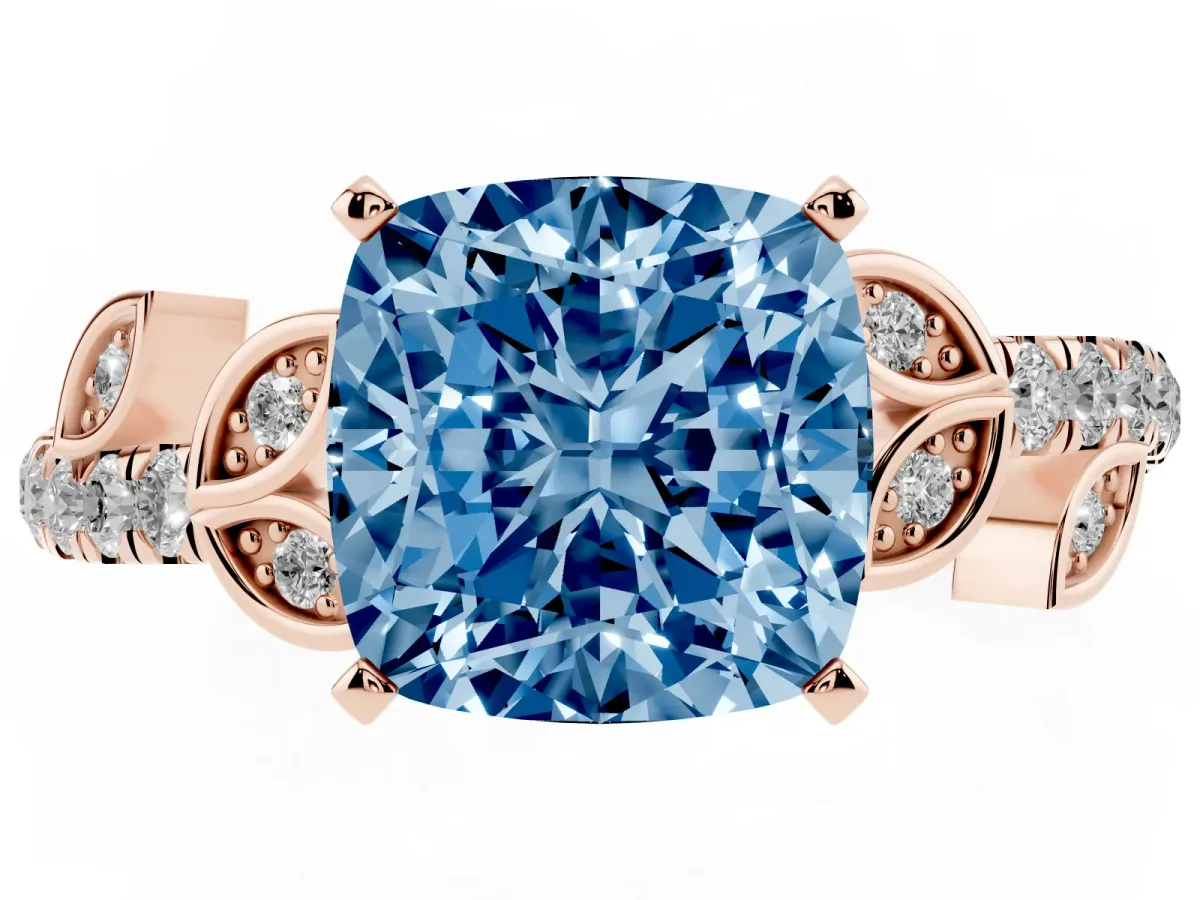 Fancy Blue Cushion Cut Solitaire Leaf-Inspired Diamond Ring with Pavé Band and Four-Prong Setting Rose gold