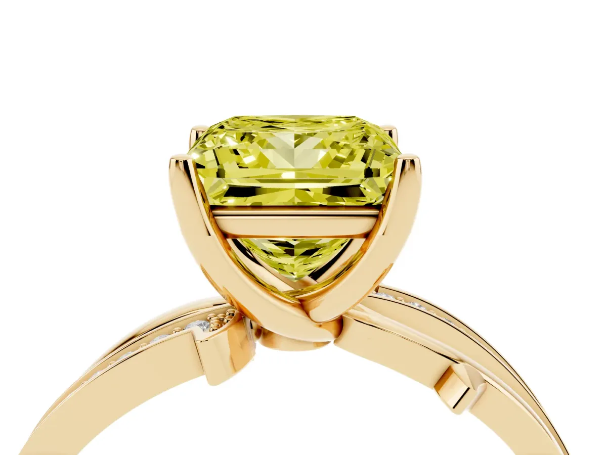 Fancy Yellow Princess Cut Solitaire Twist Band with Pavé Accents and Four-Prong Setting Yellow gold