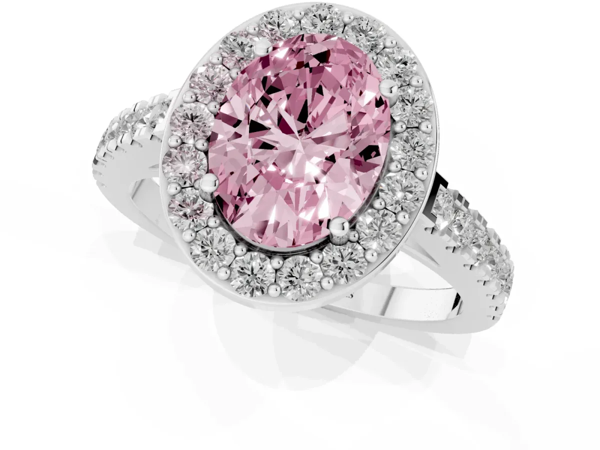 Fancy Pink Oval Cut Diamond Halo Ring with Round Pavé Split Shank and Prong Setting Silver