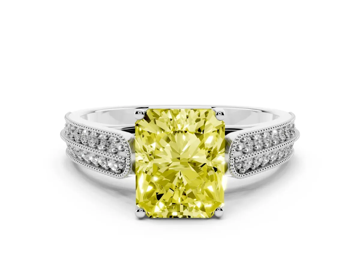 Fancy Yellow Radiant Cut Cut Pave Split Shank Engagement Ring with Four-Prong Setting Platinum