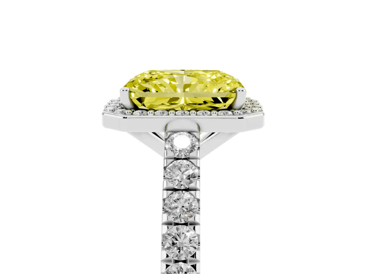 Fancy Yellow Radiant Cut Cut Halo Diamond Engagement Ring with Pave Band and Four-Prong Setting Platinum