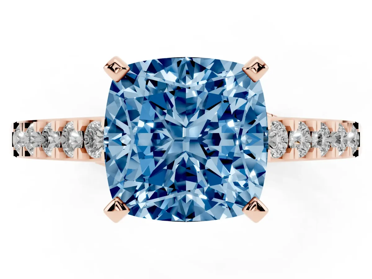 Fancy Blue Cushion Cut Diamond Solitaire Ring with Crossover Gallery and Round Pavé Band Rose gold