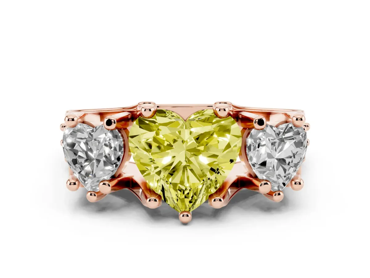 Fancy Yellow Heart Cut Diamond Three-Stone Ring with Channel Set Band and Four-Prong Setting Rose gold