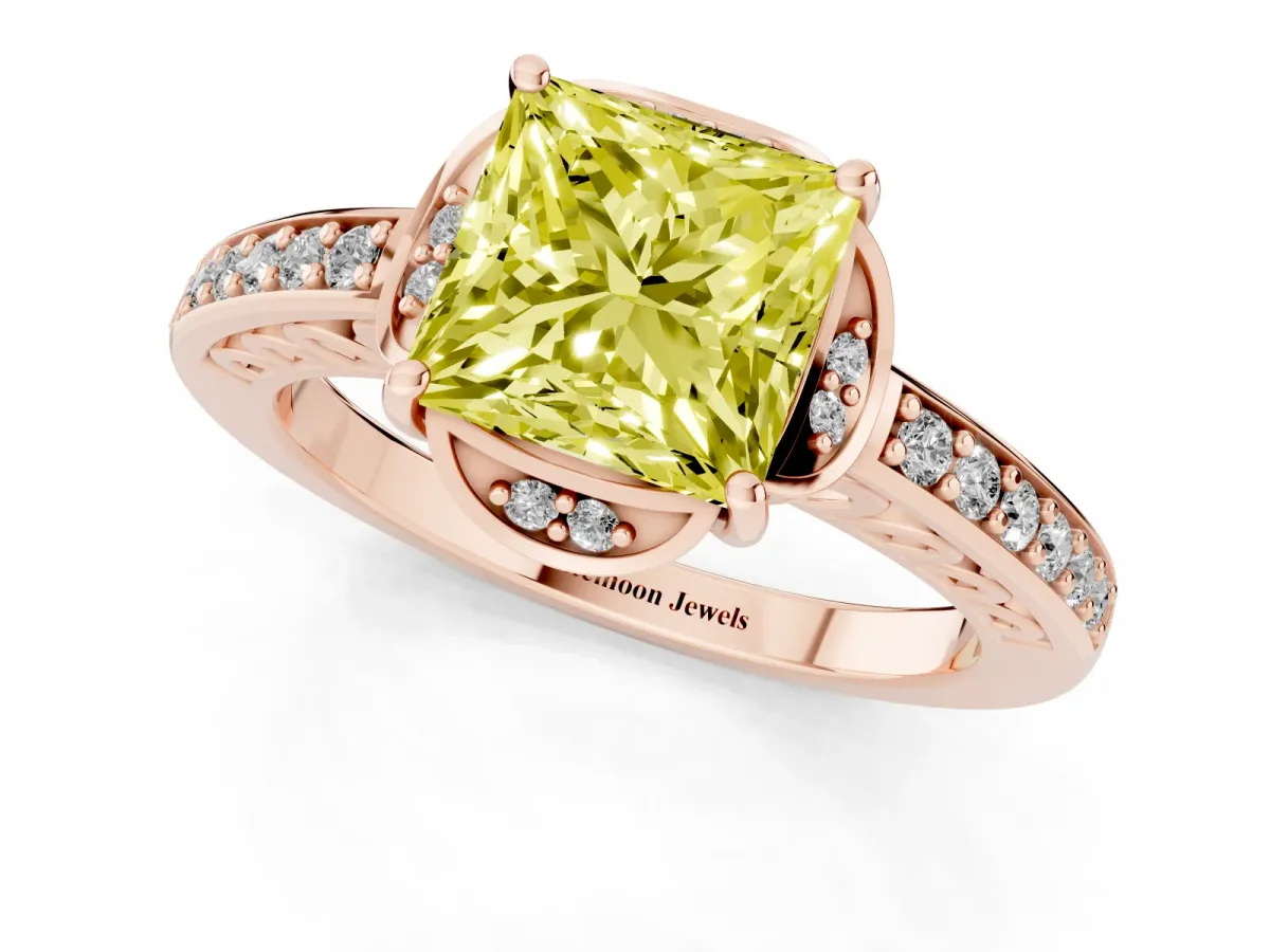 Fancy Yellow Princess Cut Cut Halo Diamond Ring with Channel Set Band and Four-Prong Setting Rose gold