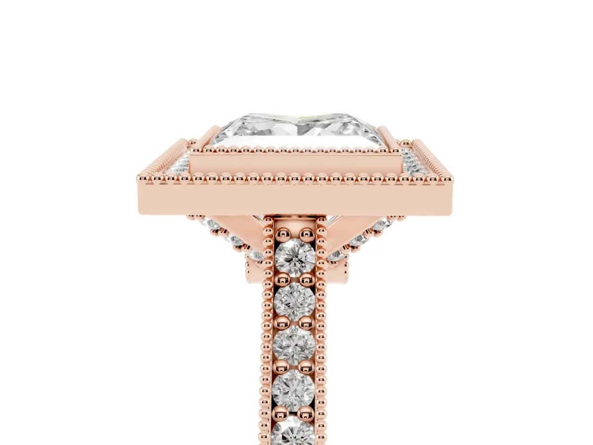 Halo Princess Cut-Cut Diamond Pave Band Milgrain Prong Setting Ring Rose gold