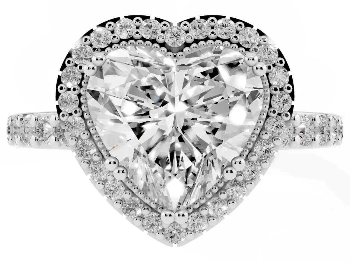Heart Cut Cut Diamond Halo Engagement Ring with Milgrain Detail and Pavé Band Silver