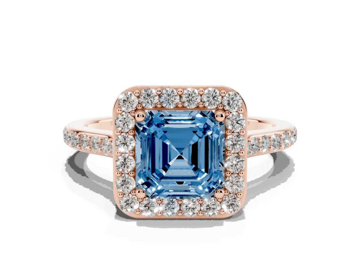 Fancy Blue Asscher Cut Diamond Halo Engagement Ring with Round Pavé Shoulders and Prong Setting Rose gold