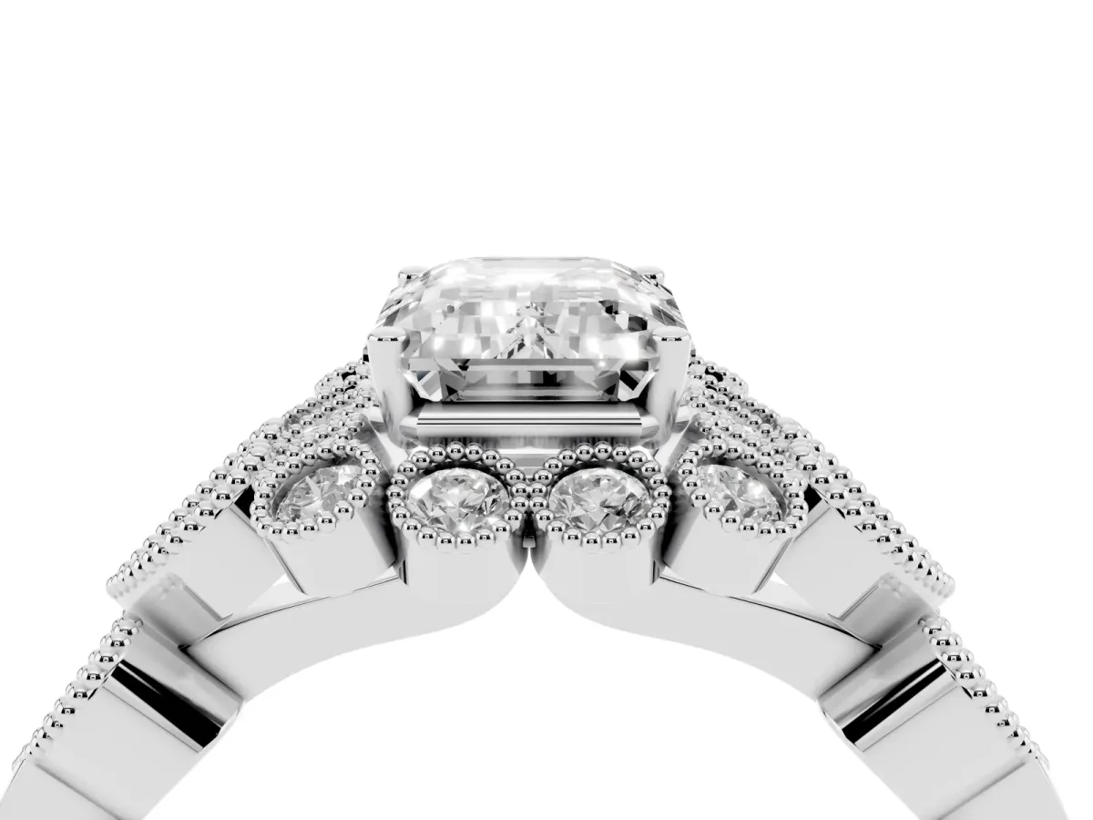 Emerald Cut Brilliant Milgrain Pave Heart Band Solitaire Ring Silver