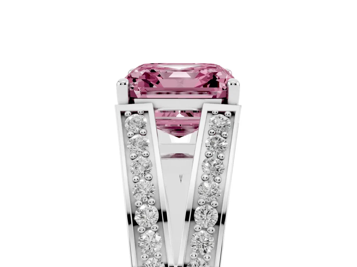 Fancy Pink Asscher Cut Diamond Split Shank Ring with Pavé Band and Four-Prong Setting White gold
