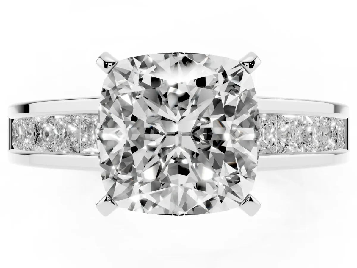 Cushion Cut Solitaire Diamond Ring with Channel-Set Band and Four-Prong Setting Platinum