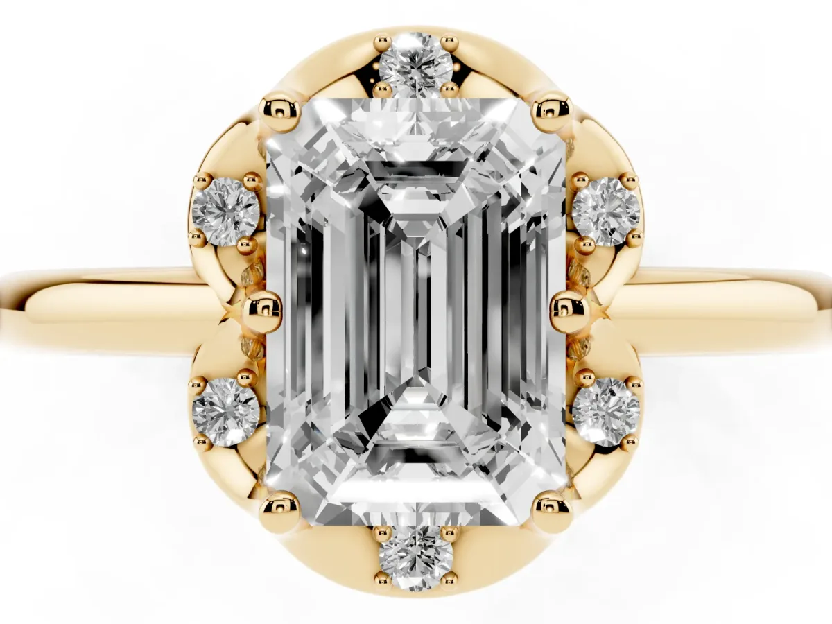 Emerald Cut Halo Diamond Ring with Round Cluster Setting, Solitaire Band, and Four-Prong Setting Yellow gold