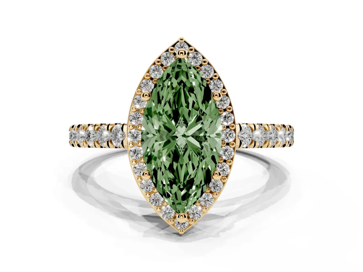 Fancy Green Marquise Cut Cut Halo Diamond Engagement Ring with Pave Band and Four-Prong Setting Yellow gold