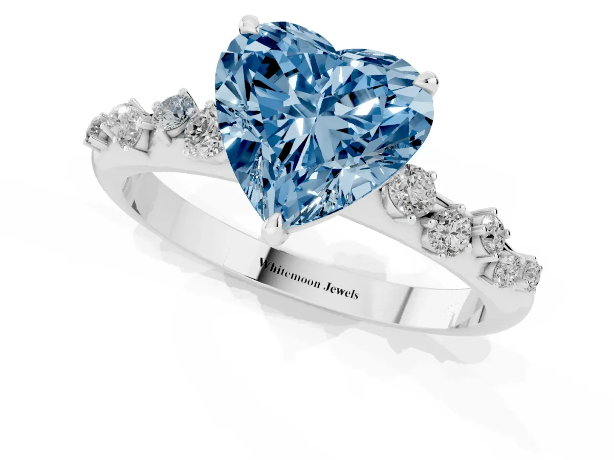 Fancy Blue Heart Cut Diamond Cluster Prong-Set Solitaire Ring Platinum