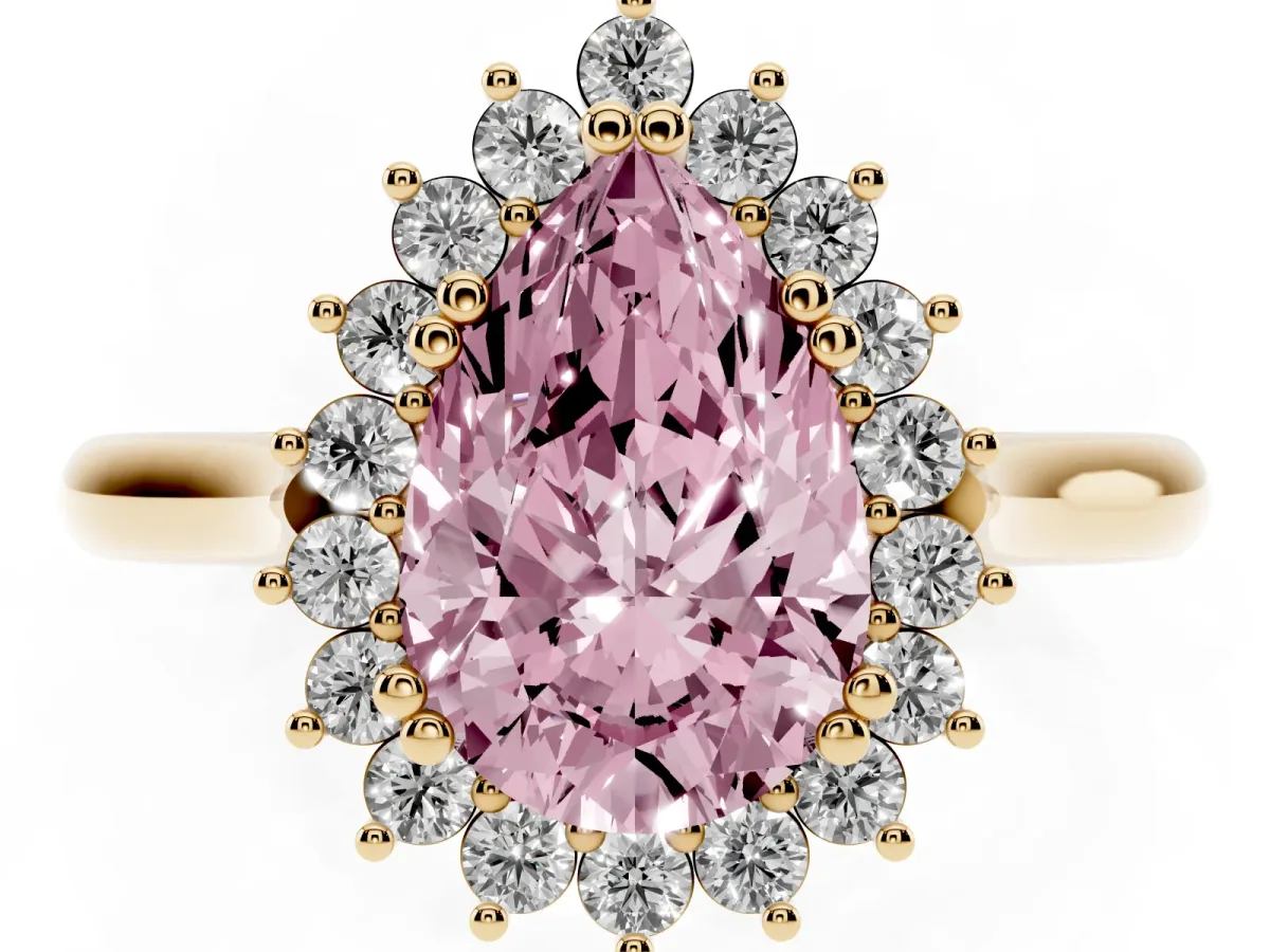 Fancy Pink Pear Cut Cut Diamond Halo Ring with Solitaire Band and Prong Setting Yellow gold