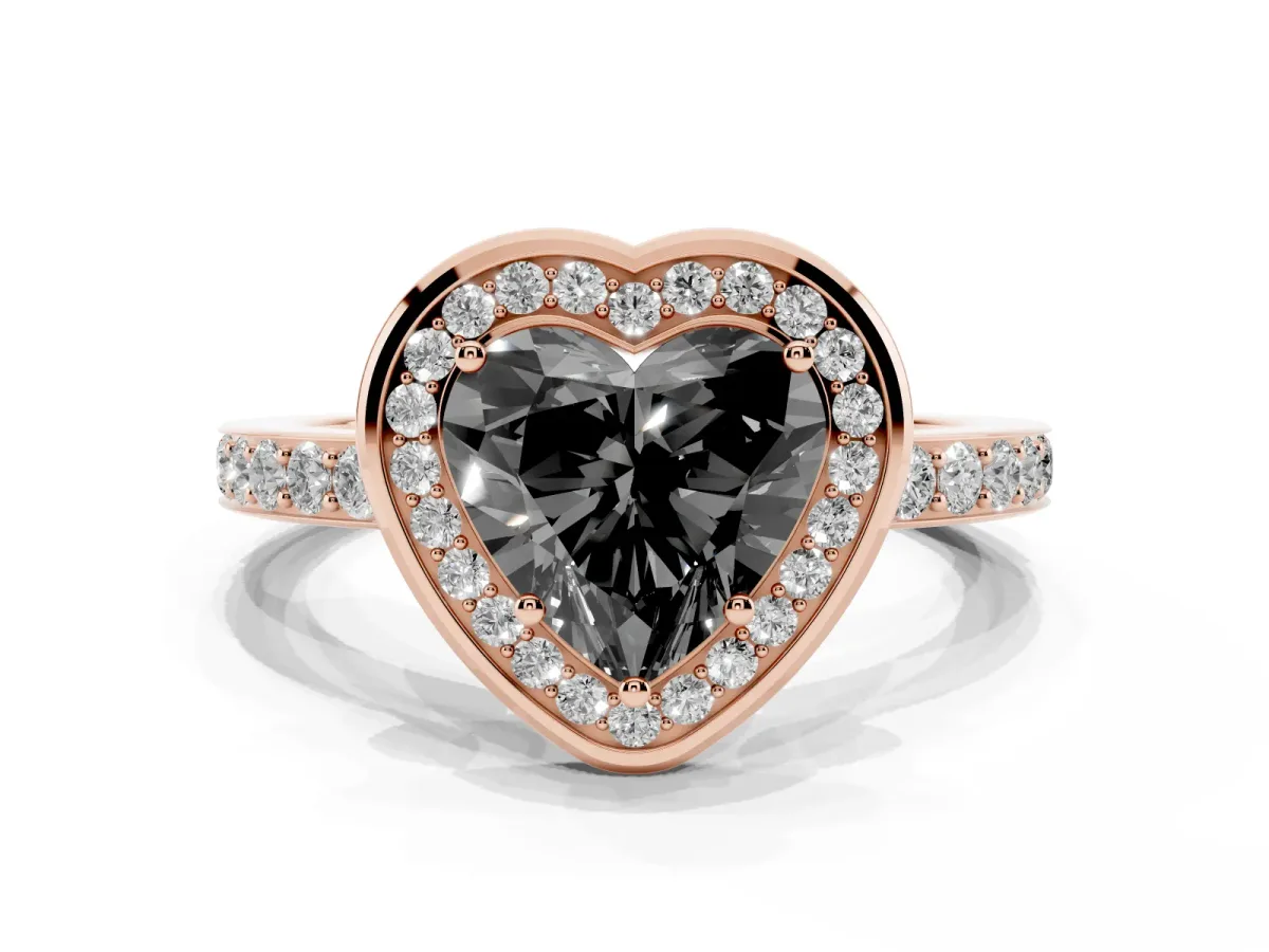 Fancy Black Heart Cut Diamond Halo Ring with Bezel Frame and Pavé Band Rose gold