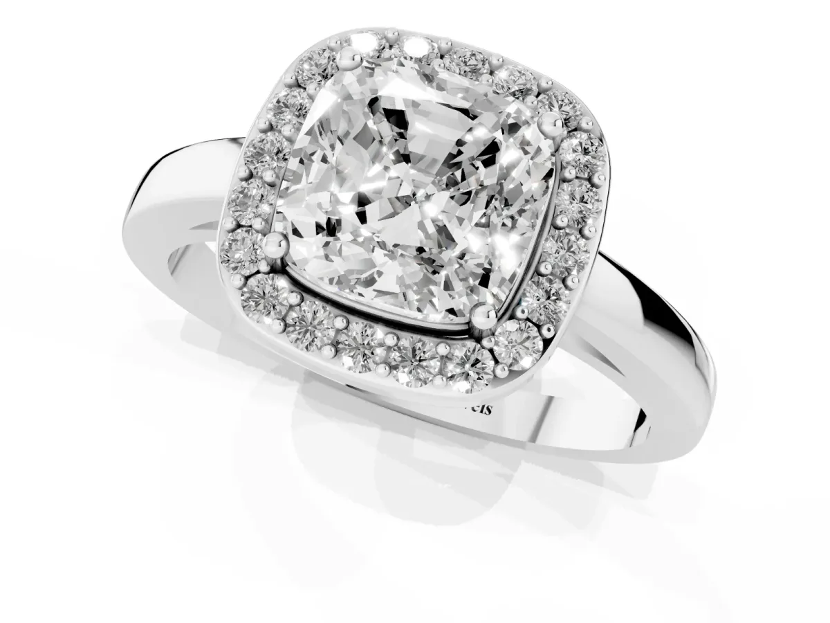 Cushion Cut Halo Diamond Ring with Solitaire Band and Prong Setting Silver