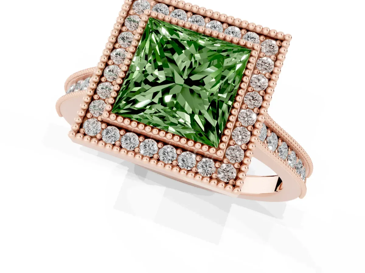 Fancy Green Halo Princess Cut-Cut Diamond Pave Band Milgrain Prong Setting Ring Rose gold