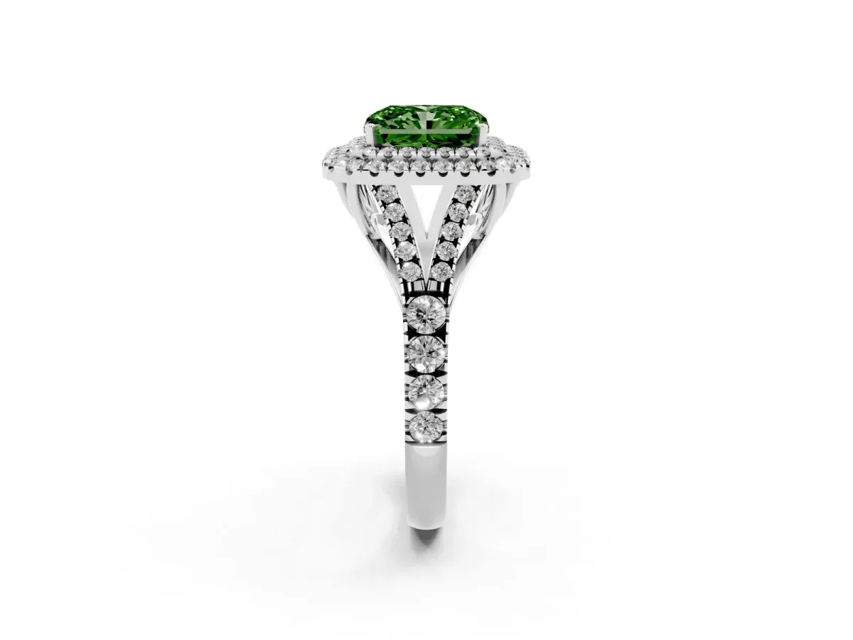 Fancy Green Radiant Cut Cut Double Halo Split Shank Diamond Ring with Prong Setting White gold