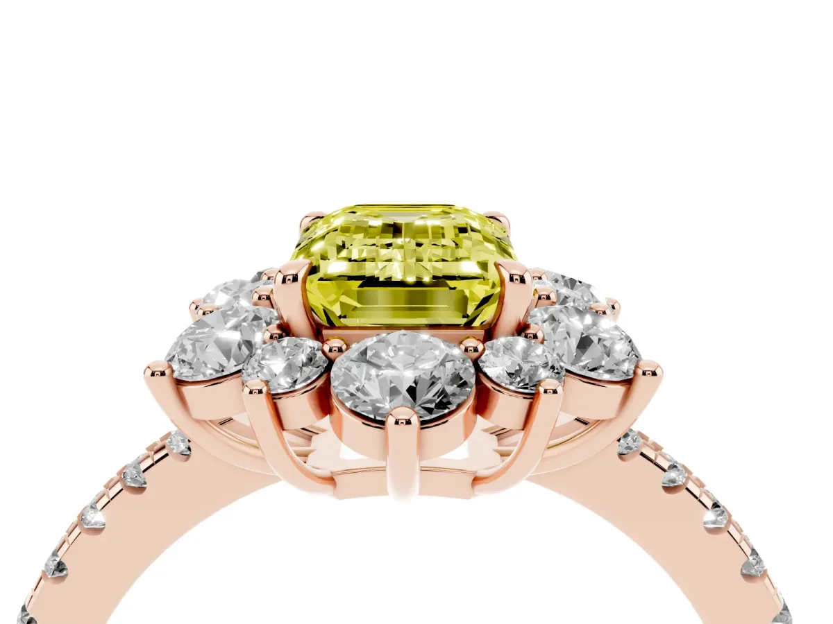 Fancy Yellow Emerald Cut Diamond Floral Halo Ring with Round Pavé Band and Prong Setting Rose gold